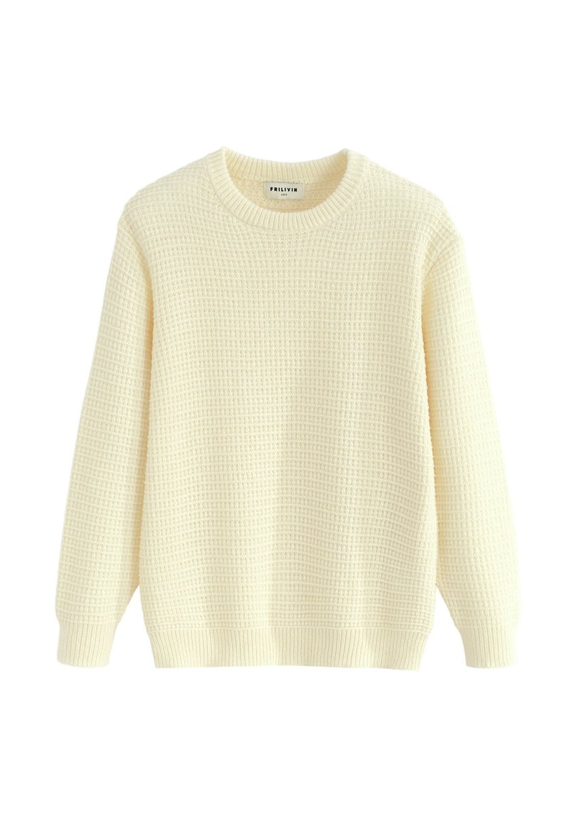 Pull-over en tricot couleur crème clair avec un motif gaufré texturé. Il présente un col rond ainsi que des poignets et un ourlet côtelés.
