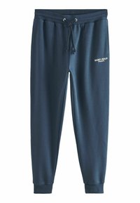 Pantaloni de trening bleumarin cu talie cu șnur, manșete striate și logo-ul brodat "SAINT-MALO FRANCE" pe piciorul stâng. Material neted și moale.