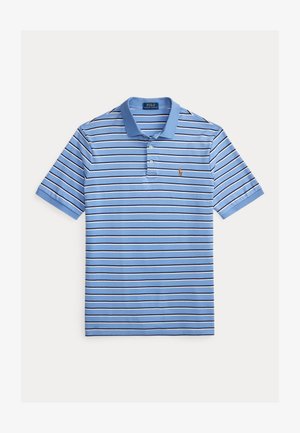 Blå stripete poloskjorte i bomull, med korte ermer, en flat krage og en liten brodert logo på venstre bryst.
