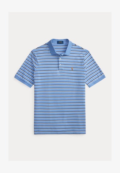 Πολο πουκάμισο με μπλε ρίγες, κατασκευασμένο από βαμβάκι, με κοντά μανίκια, επίπεδη γιακά και μικρό κεντητό λογότυπο στο αριστερό στήθος.