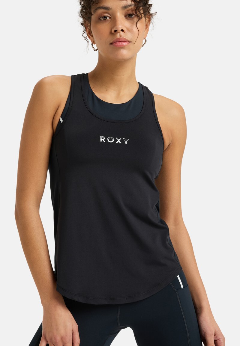 Black athletic tank top with a round neckline and fitted design. Features logo on the chest and moisture-wicking fabric. Straps and seams visible.