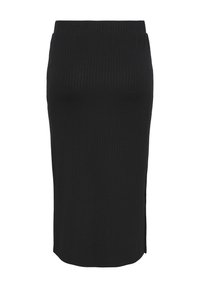 Jupe midi noire en tricot côtelé avec une silhouette ajustée. Elle présente une taille haute et des fentes latérales pour plus de liberté de mouvement. Texture lisse.