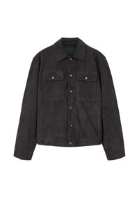 Black suede jacket featuring a button-down front, two chest pockets with flaps, and subtle stitching. Classic collar and long sleeves.