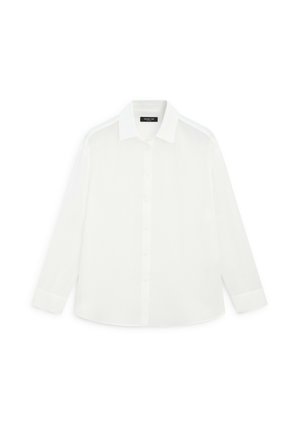 White long-sleeve shirt with a classic collar, button front, and a smooth, lightweight fabric. No patterns or designs present.