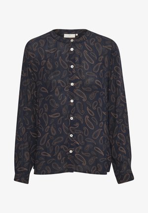 Morska bluza s dugim rukavima i paisley uzorkom, prednje zakopčavanje na gumbe, okrugli izrez i bijeli gumbi. Mekani, lagani materijal s teksturiranim završetkom.
