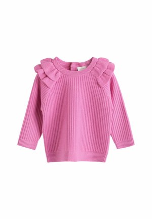 Maglione rosa a coste con maniche lunghe, caratterizzato da dettagli arricciati sulle spalle. Morbido al tatto, con scollatura rotonda e vestibilità comoda.
