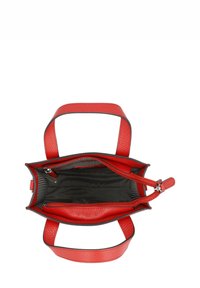 Red leather handbag with textured exterior, gray trim, and striped fabric lining. Features dual handles and a zippered compartment.