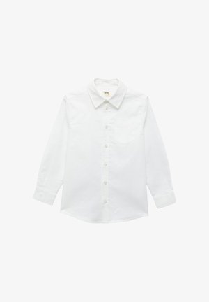 Biała koszula z długim rękawem wykonana z bawełny. Posiada spiczasty kołnierzyk, kieszeń z przodu oraz zapinanie na guziki. Gładka faktura i klasyczny krój.