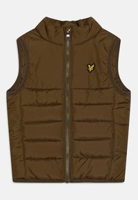 Gilet imbottito senza maniche di colore marrone con colletto alto, dotato di chiusura con zip e un piccolo logo ricamato sul petto. Texture esterna liscia.
