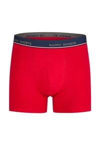 Red cotton boxer shorts with a navy waistband featuring "HAPPY SHORTS" in silver lettering and a striped accent.