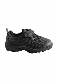 Zwarte sportieve schoen met een gestructureerde bovenkant, een klittenbandsluiting en veters. Heeft een robuuste, gepatterneerde zool voor grip. Lichtgewicht ontwerp.