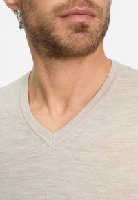 Maglione grigio chiaro con scollo a V, caratterizzato da una texture morbida, tessuto liscio e collo a coste, con cuciture visibili lungo la linea del collo.