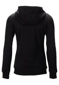 Zwarte hoodie met capuchon en trekkoord, lange mouwen en een geribde zoom. De stof is glad en zacht, zonder zichtbare patronen of accenten.