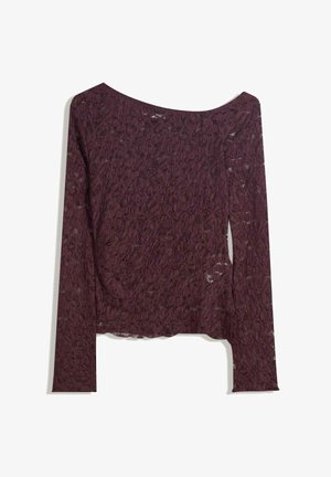 Kanten langemouwen top in diep burgundy, met een off-shoulder ontwerp, bloemmotieven en een licht transparante textuur met een rechte zoom.