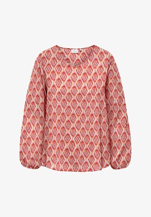 Raštuota palaidinė su V formos iškirpte, ilgomis baliono formos rankovėmis ir geometriniu raudonos, rožinės bei kreminės spalvų raštu ant minkšto audinio.