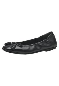 Ballerina nera in pelle con punta arrotondata, dettagli arricciati e nappe decorative nella parte anteriore. Suola piatta con minimo battistrada.