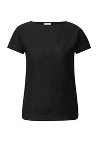 Svart t-shirt med kort ärm, gjord av texturerat tyg med ett subtilt ribbat mönster, rund halsringning och avslappnad passform.