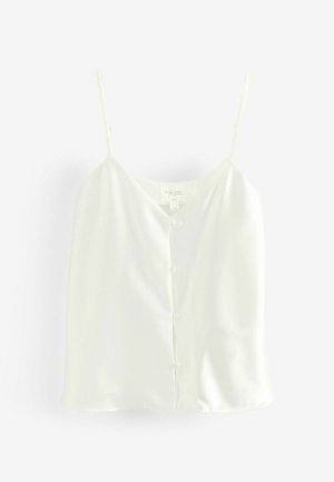 Camisola bianca in satin con sottili spalline regolabili, scollo a V e dettaglio dei bottoni sul fronte. Tessuto morbido e vestibilità leggermente ampia.