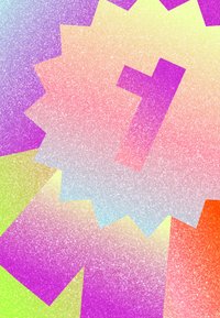 Abstract colorful burst shapes with a large purple number one at the center, textured with a glittery, speckled pattern.