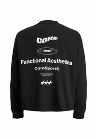 Hanorac negru cu text alb pe spate: "CORE 1990 Functional Aesthetics CoreSport." Design cu mâneci lungi și guler rotund.