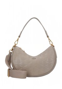 Beige shoulder bag with a curved shape, embossed geometric pattern, gold hardware, and a removable strap. Smooth synthetic material.