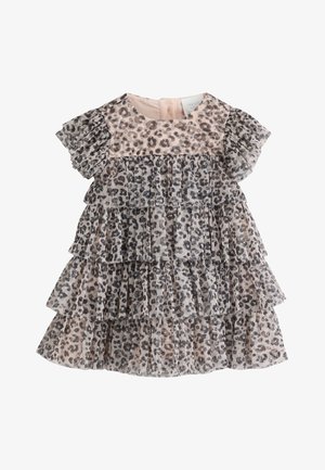 Robe manches courtes pour filles avec volants superposés et motif léopard beige et noir.