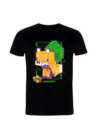 Camiseta negra con un gráfico de un zorro naranja pixelado con un bloque verde detrás y la palabra "MINECRAFT" en verde.