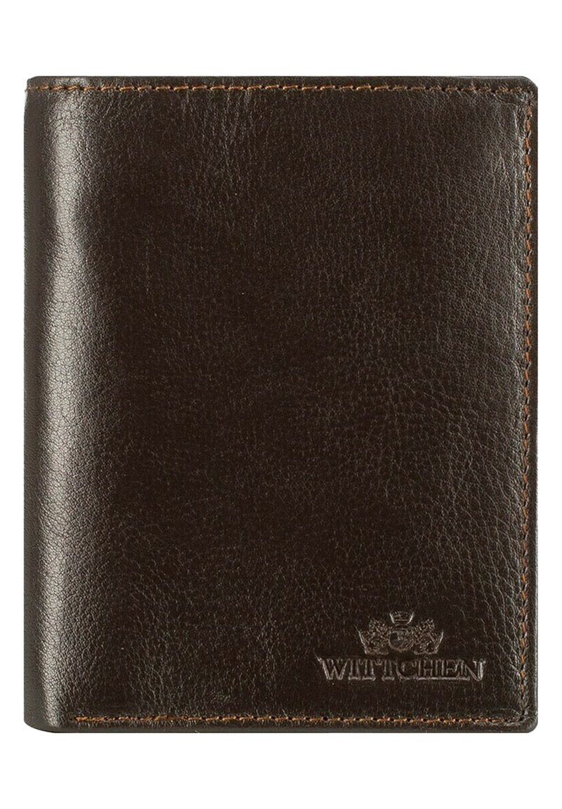 Bruine leren portemonnee met een gestructureerde afwerking, voorzien van een subtiele logo-inkeping aan de onderkant en contrasterende oranje stiksels langs de randen.