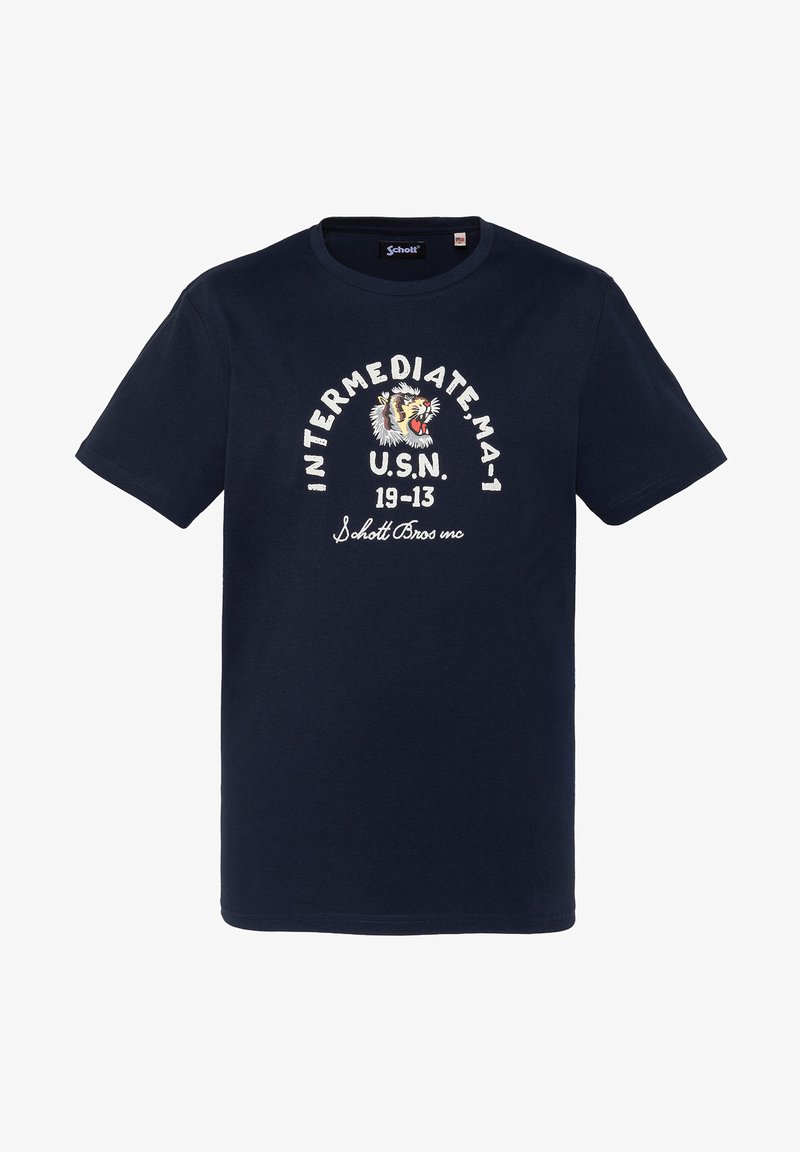 T-shirt bleu marine avec un graphisme de tigre rugissant et un texte blanc indiquant « INTERMEDIATE MA-1 U.S.N. 19-13 Schott Bros mc » sur le devant.