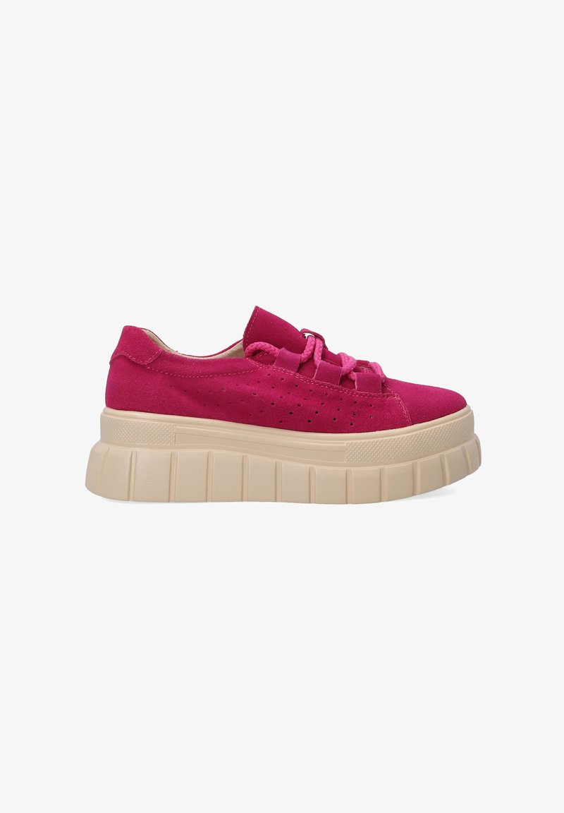 Rosa Wildleder-Plateausneaker mit einer strukturierten beigen Sohle, die mit durchbrochenen Details und dekorativen Schnürsenkeln versehen ist. Runde Zehenform und niedrig geschnittenes Design.