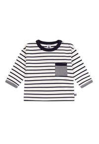 Camicia a maniche lunghe con righe orizzontali blu navy e bianche, colletto rotondo e taschino sul petto con un accento a righe. Tessuto di cotone morbido.