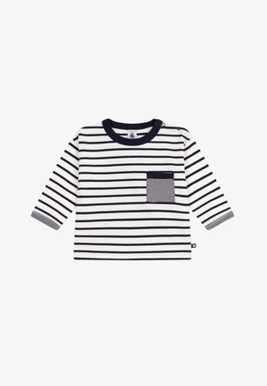 Chemise à manches longues avec des rayures horizontales bleu marine et blanches, col rond et poche poitrine avec un accent rayé. Tissu en coton doux.