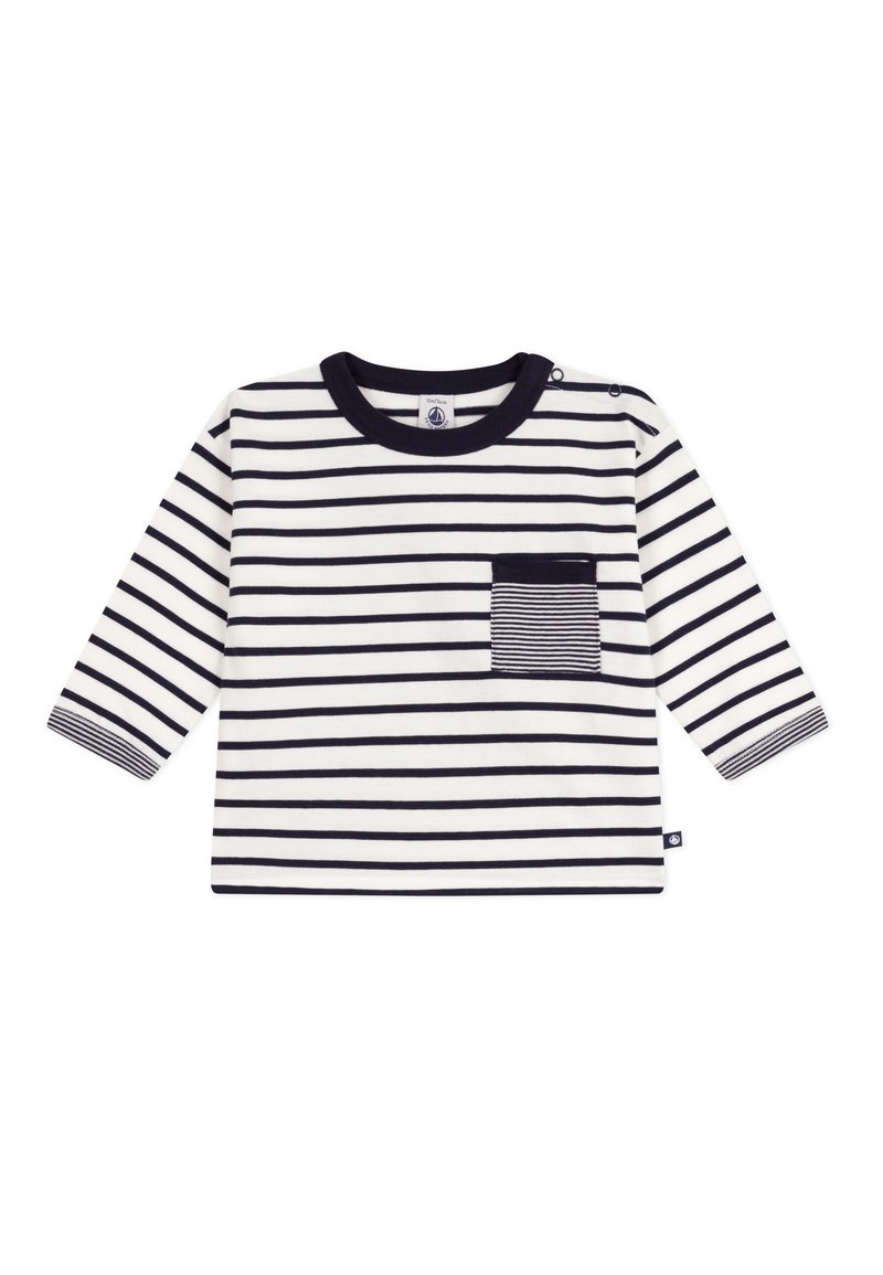 Camicia a maniche lunghe con righe orizzontali blu navy e bianche, colletto rotondo e taschino sul petto con un accento a righe. Tessuto di cotone morbido.