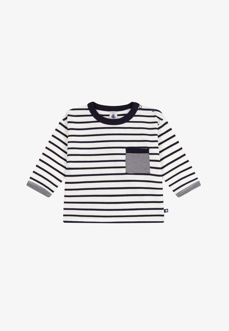 Langärmliges Hemd mit marineblauen und weißen Horizontalstreifen, rundem Kragen und einer Brusttasche mit gestreiftem Akzent. Weicher Baumwollstoff.