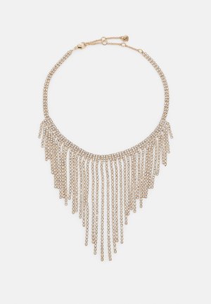Collier ton or avec plusieurs chaînes en cascade ornées de petits strass transparents, doté d'un fermoir mousqueton et d'une longueur réglable.