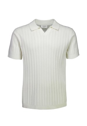 Wit gebreid poloshirt met korte mouwen, geribbelde verticale strepen en een V-hals kraag.
