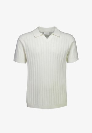 Wit gebreid poloshirt met korte mouwen, geribbelde verticale strepen en een V-hals kraag.