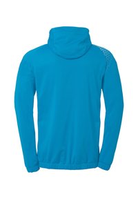 Blue hoodie with a smooth texture, featuring a drawstring hood, elastic cuffs, and a patterned accent on the shoulder.