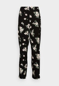 Mustat kukkahousut, joissa on kevyt kangas ja kuvioina vaaleanpunaisia ja vihreitä kukkia. Suora leikkaus ja joustava vyötärönauha.