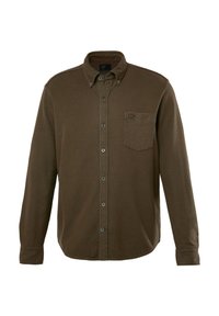 Donkergroen lange mouwen shirt met een button-down kraag. Bevat een voorzak en een textuurstof. Subtiele logo boven de zak.