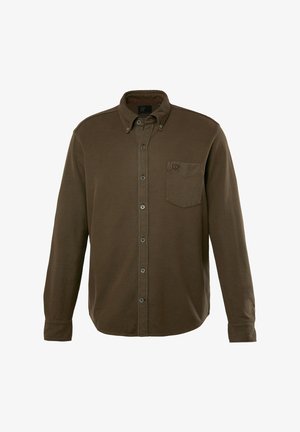 Donkergroen lange mouwen shirt met een button-down kraag. Bevat een voorzak en een textuurstof. Subtiele logo boven de zak.
