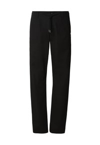 Pantalon noir avec taille à cordon, fermeture à boutons, coupe droite, et tissu à la texture lisse. Aucun motif ni accent visible.