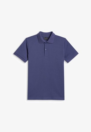 Polo bleu foncé à manches courtes avec col et patte de boutonnage à deux boutons, posé à plat sur un fond blanc.