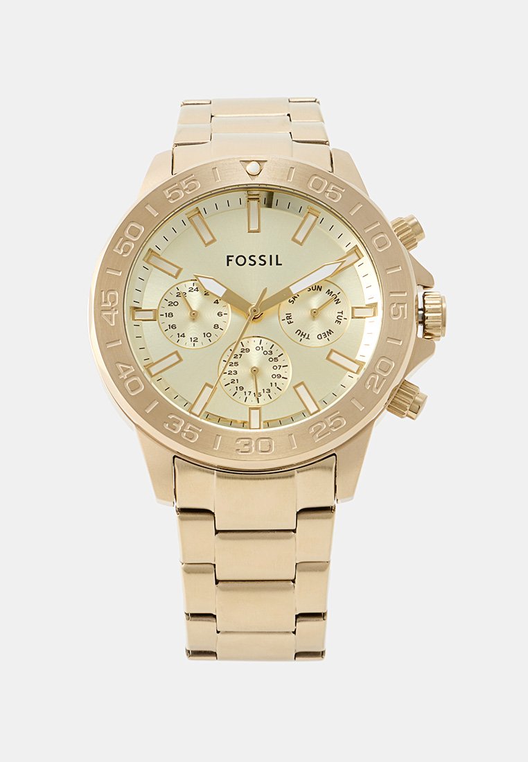 Orologio Fossil dorato con quadrante verde chiaro, ampi marker delle ore, tre sub-quadranti e bracciale a maglie. Caratterizzato da una funzione cronografo e data.
