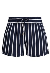 Pantaloni corti blu navy con strisce verticali bianche, cintura elastica con cordoncino e vestibilità rilassata. Tessuto leggero con una texture liscia.