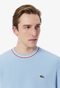Light blue knitted sweater with a ribbed round collar, featuring red and yellow stripes, and a small green crocodile logo on the chest.
