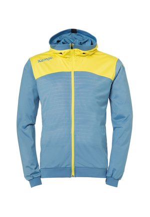 Hoodie zippé bleu clair avec des accents jaunes. Doté d'une capuche, de poignets côtelés et d'un motif texturé sur la poitrine. Logo en haut à gauche.
