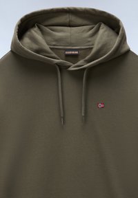 Sudadera capucha color verde oliva hecha de tela suave. Presenta una pequeña bandera bordada en rojo y blanco en el pecho. Cuerda ajustable incluida.
