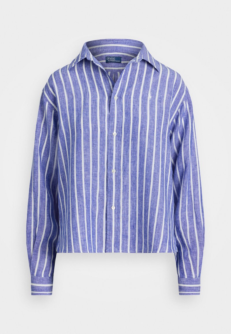 Blue striped linen shirt with long sleeves, a button-down collar, and white vertical stripes. Features a small logo on the chest.