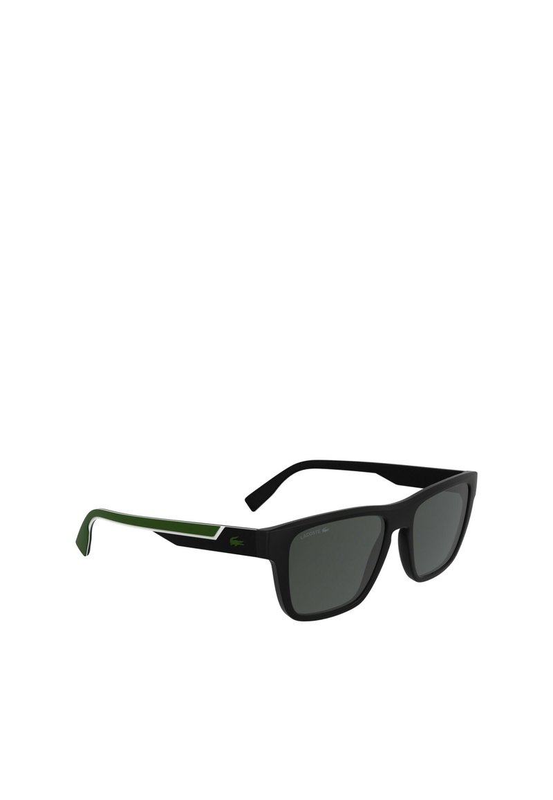 Black sunglasses with a rectangular shape, green accents on the temples, and dark gray lenses featuring a subtle logo detail.